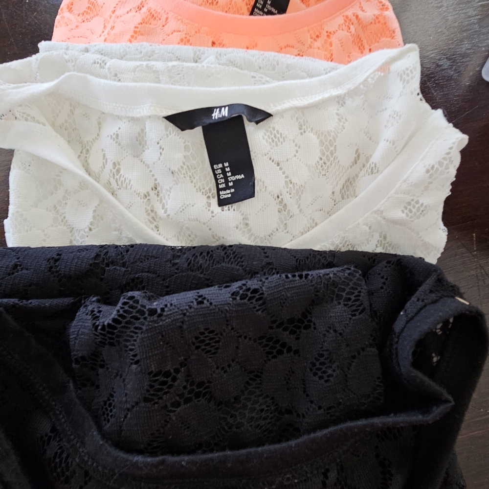 Three (3)  H&M Lace T-shirt style Size M Tops Orange, White & Black